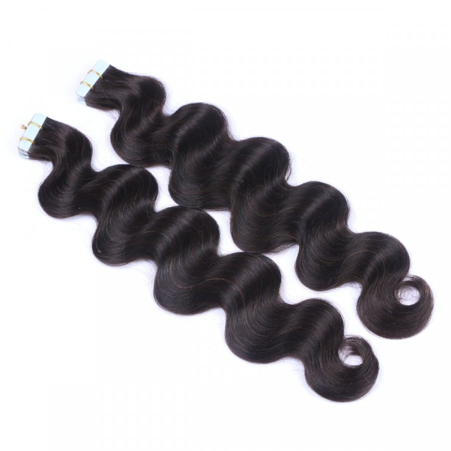 10 x Tape In - 1b - Schwarzbraun - GEWELLT Hair Extensions -