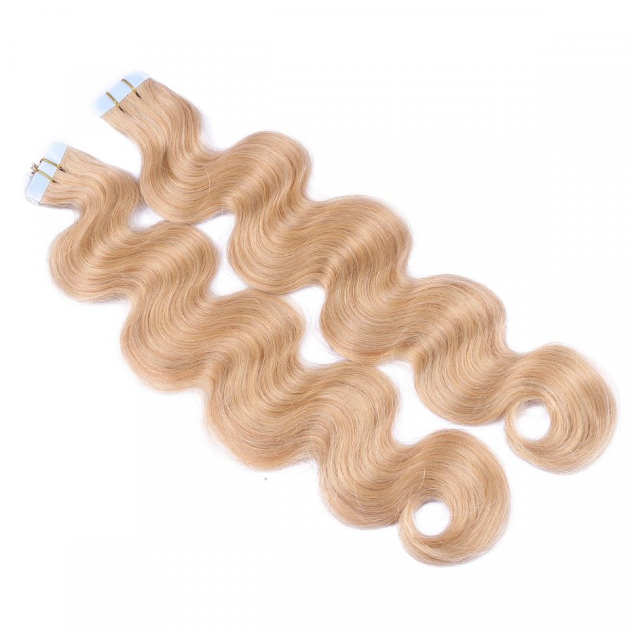 10 x Tape In - 18 - Naturaschblond - GEWELLT Hair Extensions