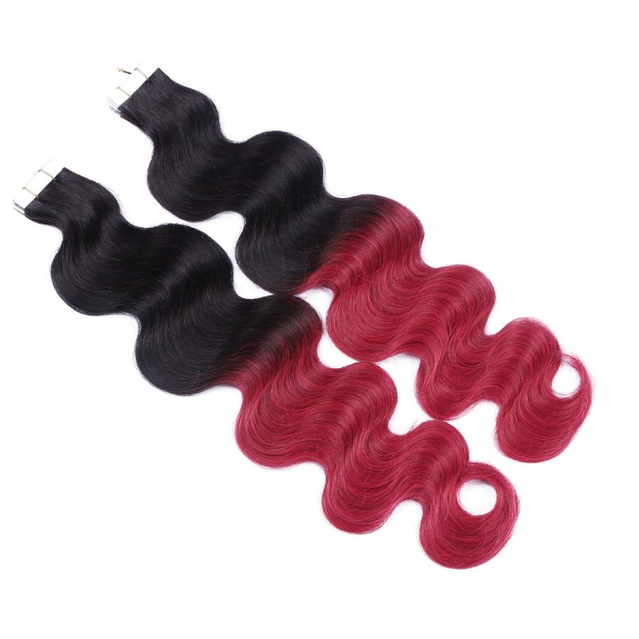 10 x Tape In - 1b/Burg Ombre - GEWELLT Hair Extensions - 2,5